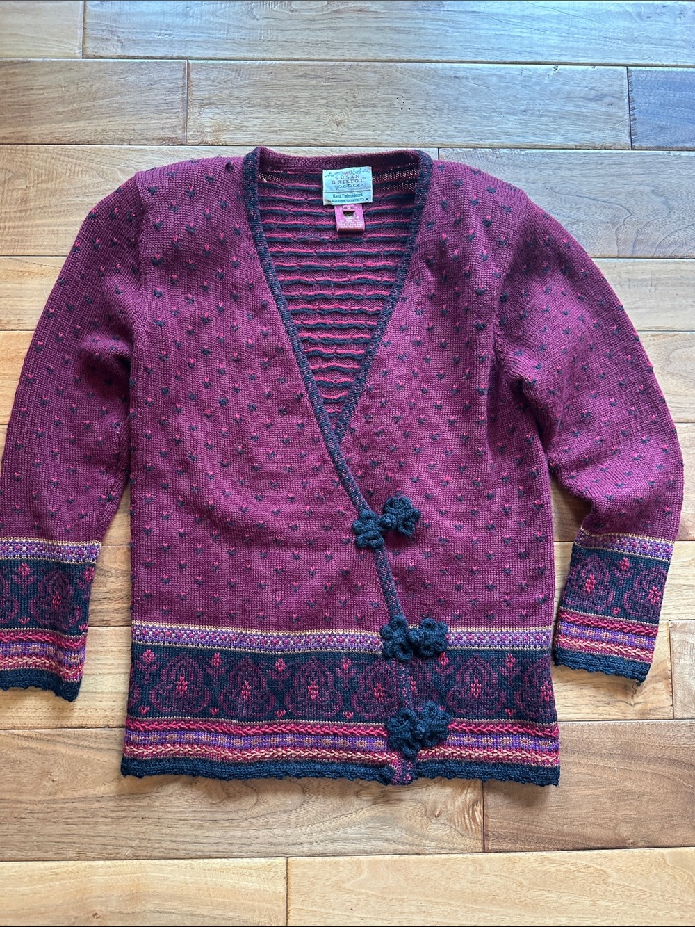 Vtg 90s Susan Bristol Birdseye wrap sweater Sz small